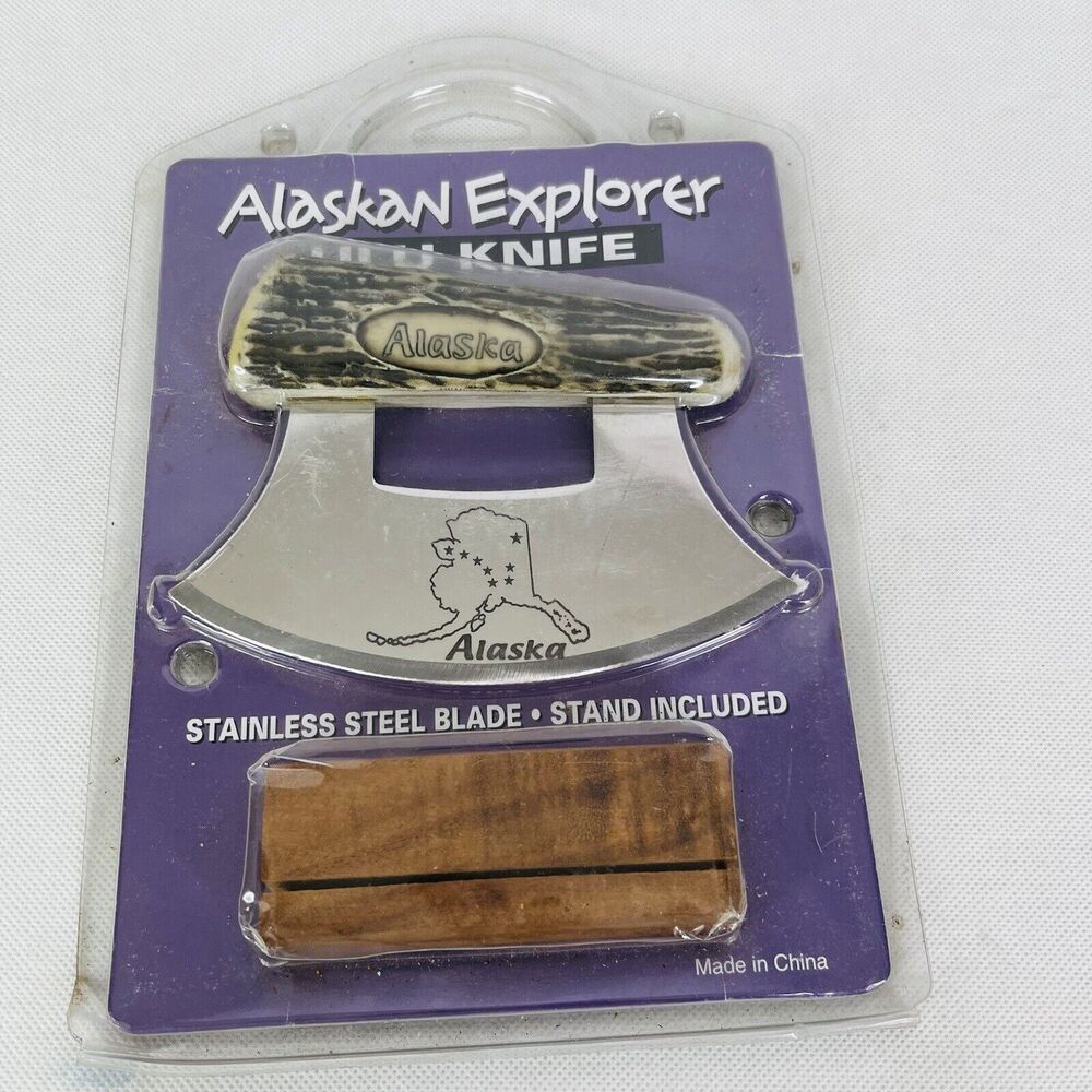 Alaskan Explorer ULU KNIFE, Stainless Steel Blade w/ Wood Display Stand NEW‎